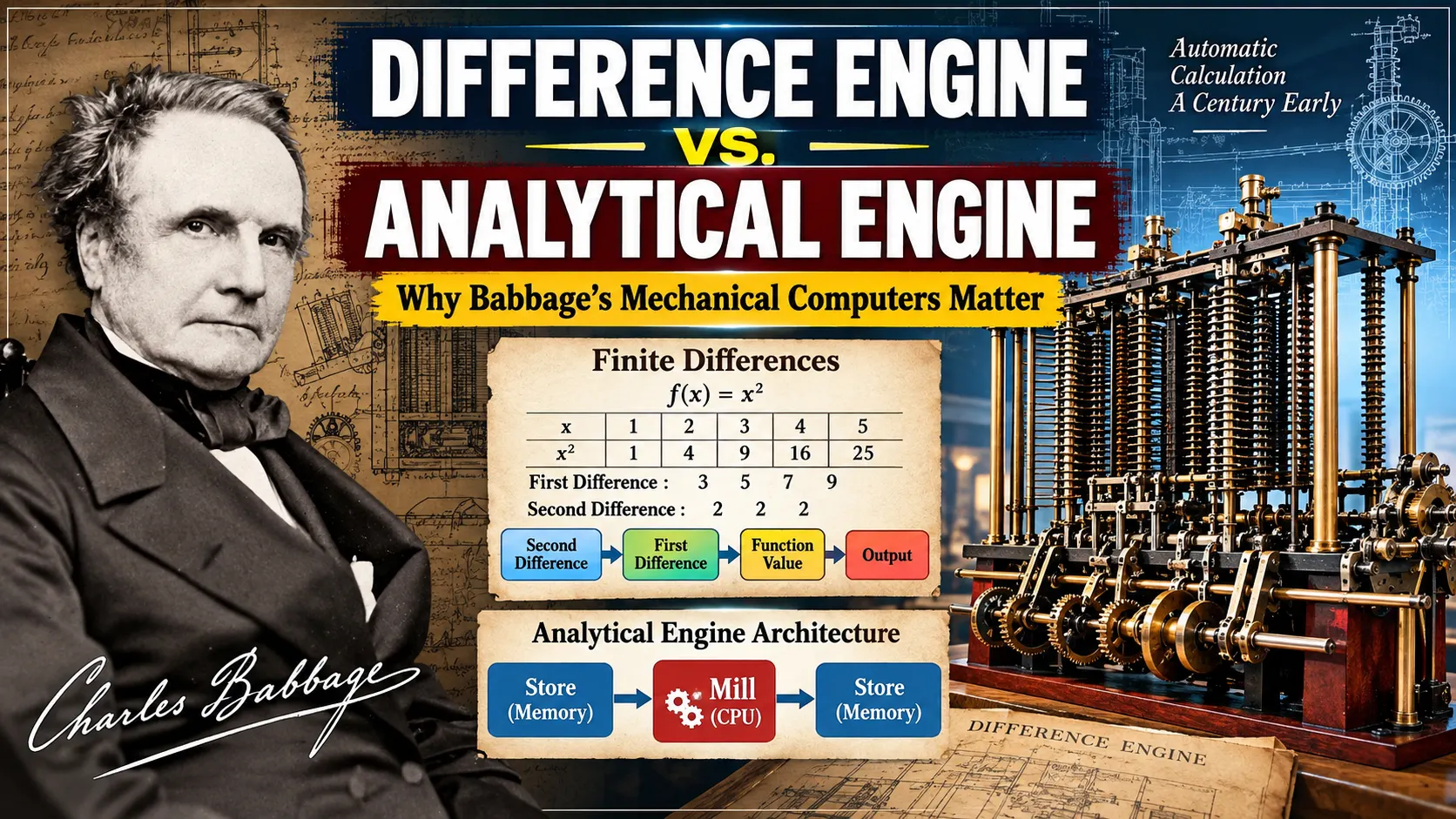 Charles Babbage beside a mechanical calculating engine, illustrating the Difference Engine and Analytical Engine comparison.