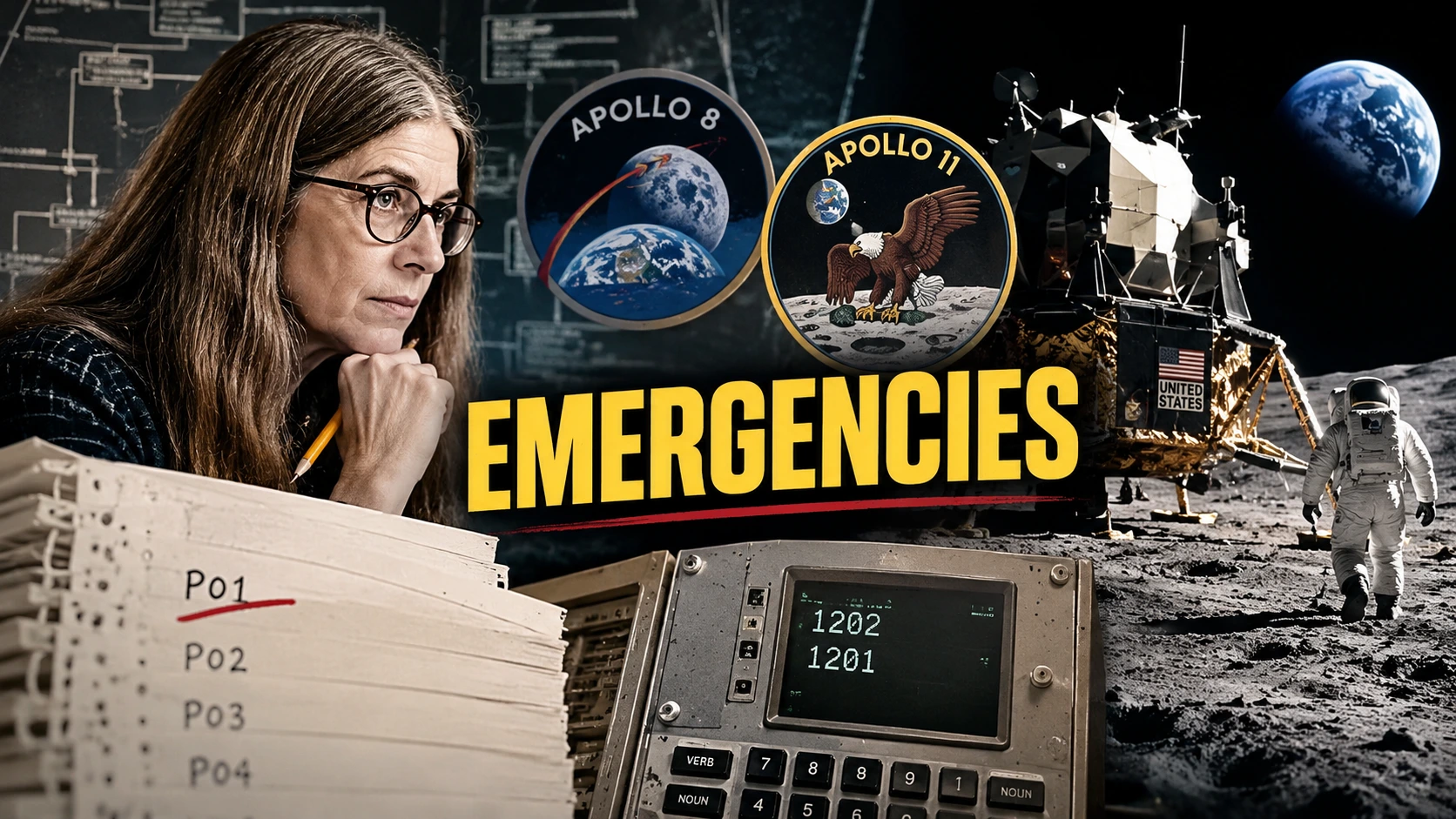 Illustration of Margaret Hamilton, Apollo 8 and Apollo 11 mission patches, a guidance computer displaying 1201 and 1202 alarms, and a lunar module on the Moon.
